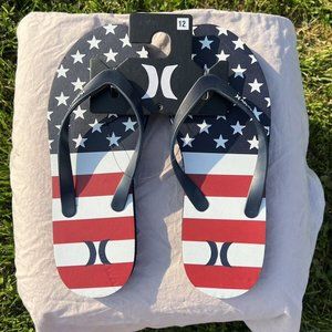 Hurley Men’s Size 12 USA Flip Flops Sandals Red White Blue American Flag Stars